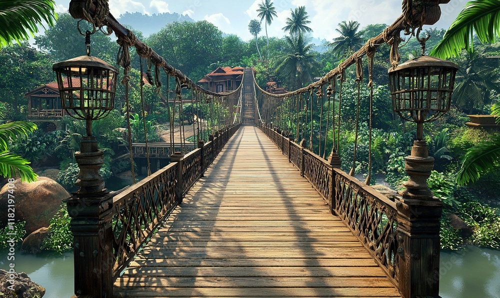 Fototapeta premium Rope bridge over river in tropical jungle leading to village, ideal for adventure travel ads.