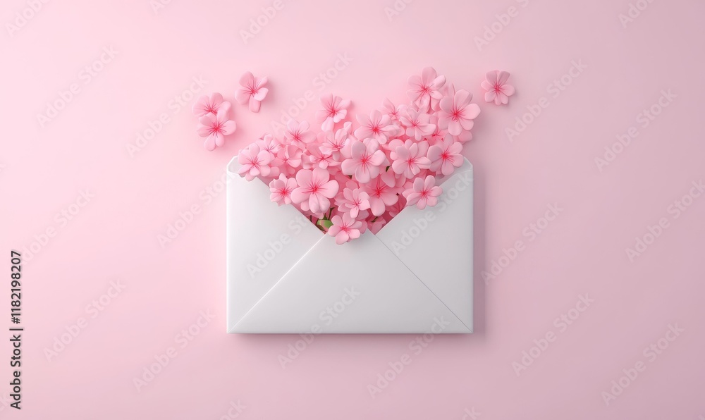 A white envelope filled with pink flowers is placed against a soft pastel pink background, symbolizing love, gratitude, and beauty. A white envelope filled with pink flowers is placed against a soft pastel pink background, symbolizing love, gratitude, and beauty.