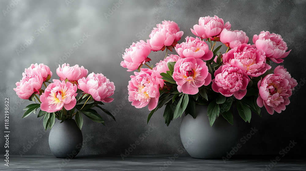 Peony bouquets in gray vases against dark wall, dramatic floral still life Peony bouquets in gray vases against dark wall, dramatic floral still life