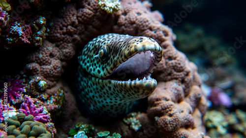 Close-up of a giant moray eel coming out of its den in a vibrant coral reef. . photo