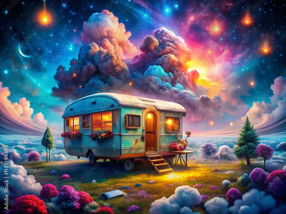 Obraz premium Surreal Caravan in a Dreamlike Landscape: Whimsical Night Photography