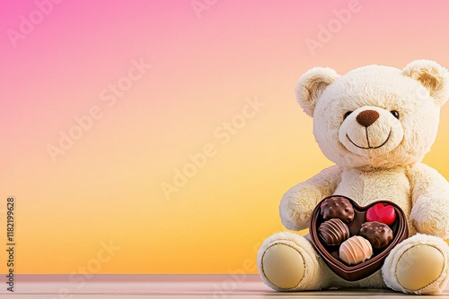 A cute teddy bear holding a heart-shaped box of chocolates against a colorful gradient background. photo