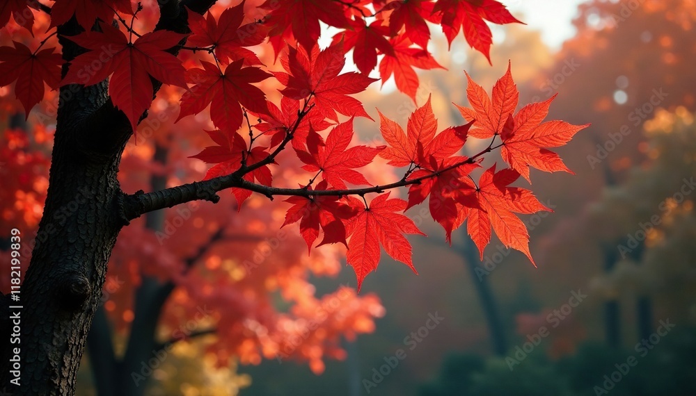 Sweetgum tree branches heavy with bright red fall leaves, fall foliage, forest landscape Sweetgum tree branches heavy with bright red fall leaves, fall foliage, forest landscape