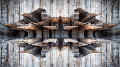 A surreal image of an old wooden wall with distorted shapes and patterns. photo