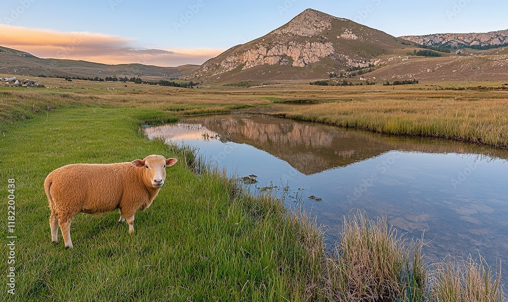 Obraz premium Sheep by reflective stream, mountain backdrop, sunset glow.