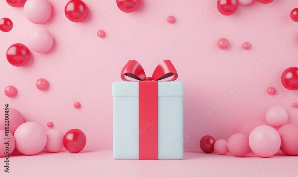 White 3D gift box tied with a red ribbon surrounded by pink and red balloons on a pastel pink background, perfect for celebrations.