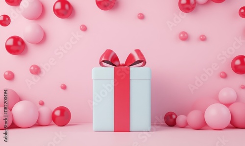 Obraz na płótnie White 3D gift box tied with a red ribbon surrounded by pink and red balloons on a pastel pink background, perfect for celebrations. w salonie