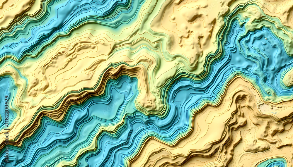 Color topographic map with a repeating seamless pattern. Abstract background with blue and green waves with beige, angled photoshot, with white tones Color topographic map with a repeating seamless pattern. Abstract background with blue and green waves with beige, angled photoshot, with white tones