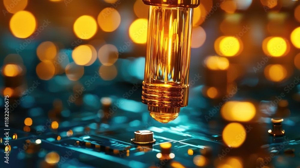 Macro Shot of Droplet Over Microchip with Orange Bokeh Background