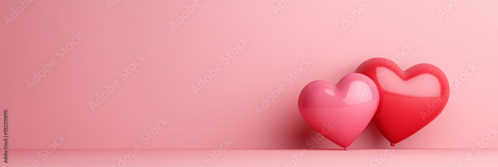 Minimalistic composition of two 3D red hearts resting on a soft pink surface, for designing Valentine's Day, Mother's Day, and other festivals and romance.