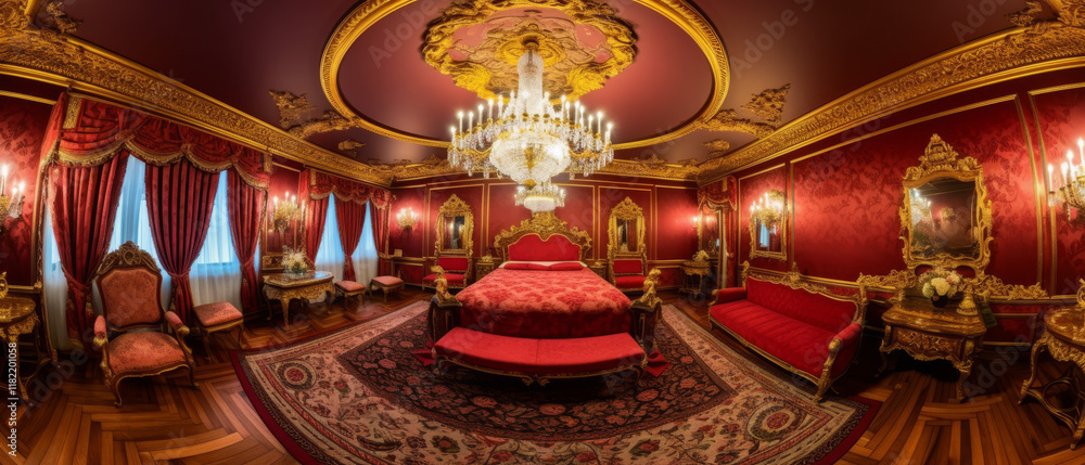 Obraz premium A wide-angle shot of a royal dining room featuring a polished wood dining table, gold-trimmed chairs, and a grand crystal chandelier. 