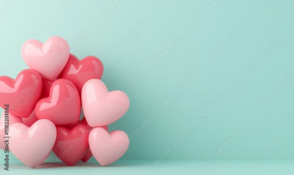 Pastel 3D Hearts on Mint color Background, for designing Valentine's Day, Mother's Day, and other festivals and romance.