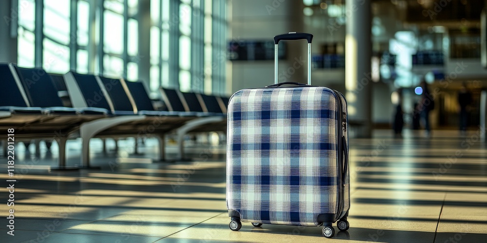 A sleek suitcase in an airport terminal, glowing under warm light, representing travel, elegance, and preparation, ideal for travel-related promotions. A sleek suitcase in an airport terminal, glowing under warm light, representing travel, elegance, and preparation, ideal for travel-related promotions.