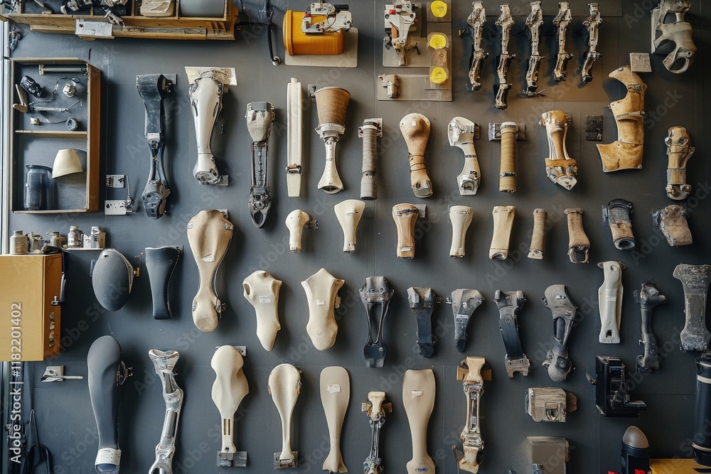 Prosthetic Limb Components Displayed On A Wall Prosthetic Limb Components Displayed On A Wall