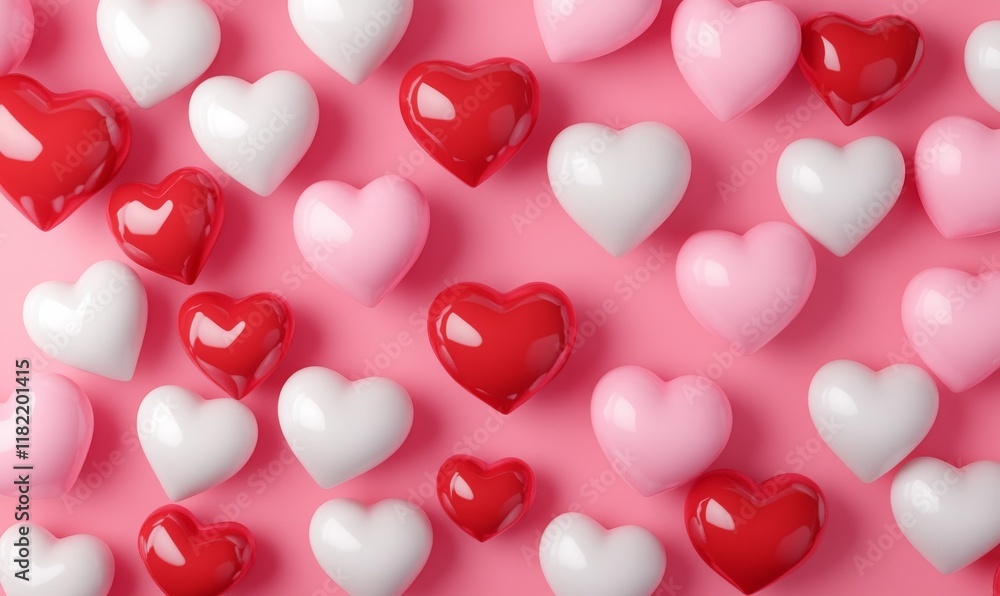 3D Red, Pink and White Hearts on Vibrant Pink Background, deal for romantic or festive themes.