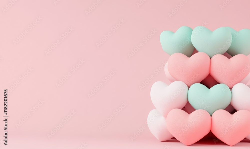 Delicate arrangement of pastel-colored hearts stacked on a soft pink surface, evoking love, for designing Valentine's Day, Mother's Day, and other festivals and romance.