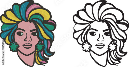 Bright Young beautiful woman with long hair. Beautiful, young woman,silhouette side view. Head and shoulders. Close-up female portrait in modern vector style. Illustration for banner, cover, poster.