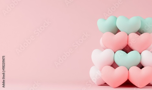 Obraz na płótnie Delicate arrangement of pastel-colored hearts stacked on a soft pink surface, evoking love, for designing Valentine's Day, Mother's Day, and other festivals and romance. w salonie