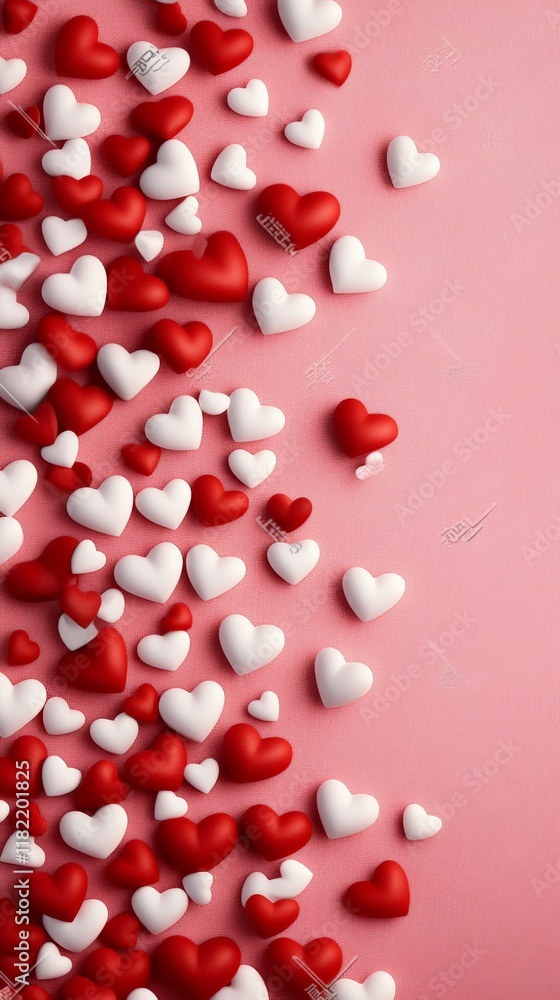 Red and white hearts cascading on a pink background creating a romantic atmosphere, perfect for valentine's day, anniversaries, or declarations of love Red and white hearts cascading on a pink background creating a romantic atmosphere, perfect for valentine's day, anniversaries, or declarations of love