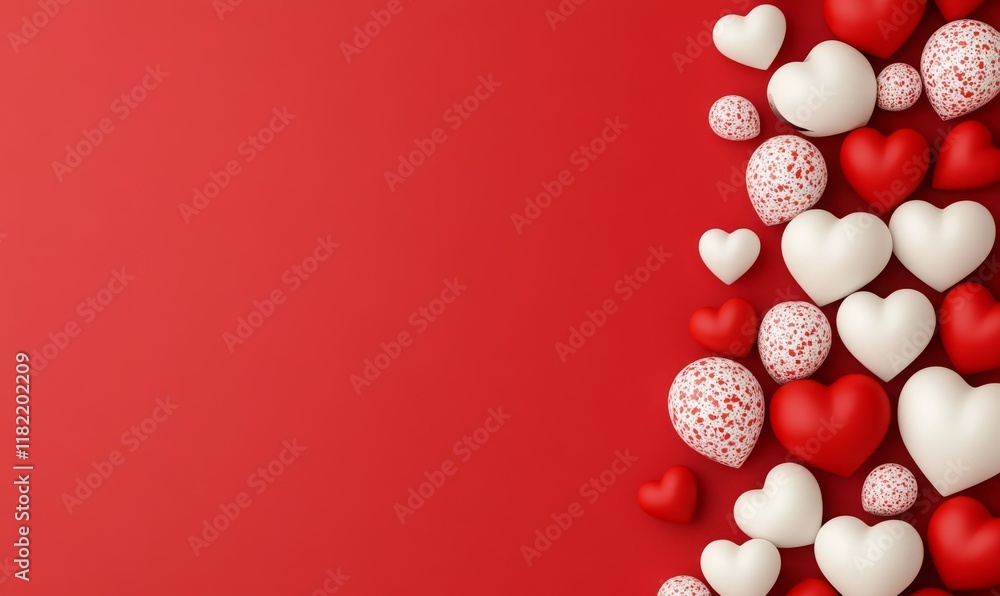 3D Red and white hearts with patterns arranged on a vibrant red background, ideal for romantic or festive themes.