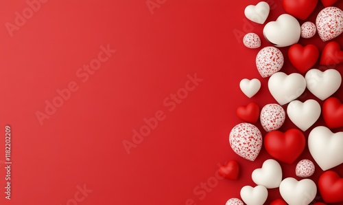 Obraz na płótnie 3D Red and white hearts with patterns arranged on a vibrant red background, ideal for romantic or festive themes. w salonie
