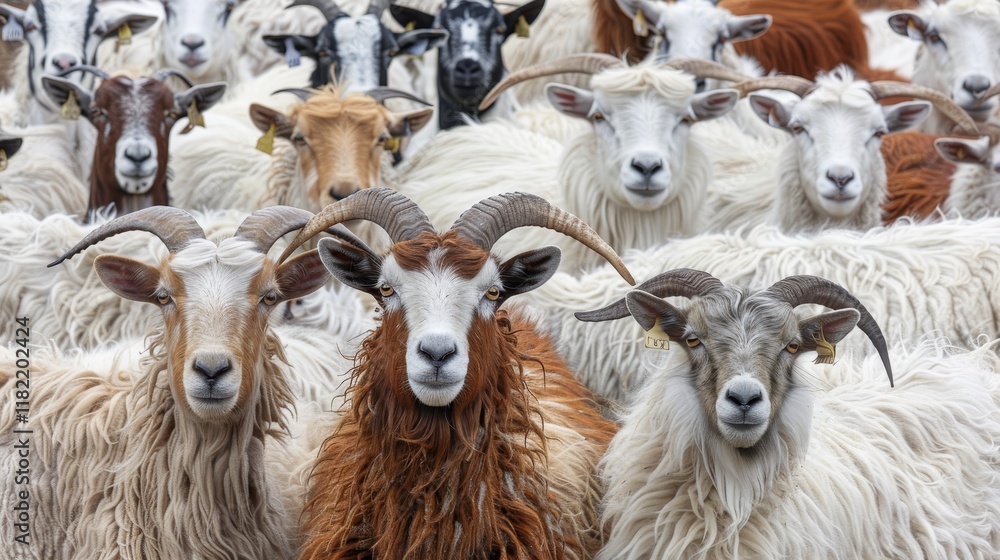 Obraz premium Diverse assembly of various farm animals standing together in a lush green pastoral setting