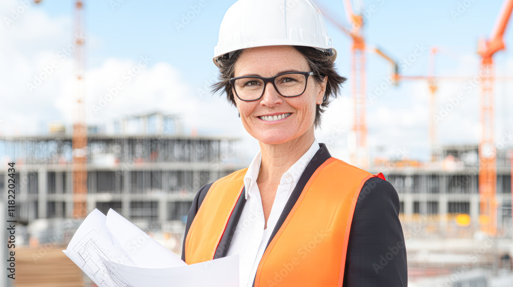A woman wearing a hard hat and safety vest is smiling and holding papers A woman wearing a hard hat and safety vest is smiling and holding papers