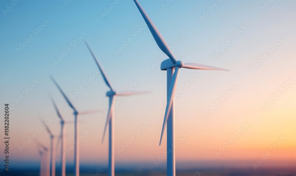 A row of wind turbines in motion during sunset, symbolizing renewable energy, sustainability, and clean power generation against a colorful sky.ขจ