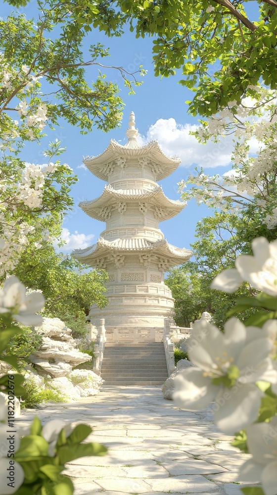 Experience the tranquil beauty of a serene chinese pagoda surrounded by blossoms in a captivating garden view Experience the tranquil beauty of a serene chinese pagoda surrounded by blossoms in a captivating garden view