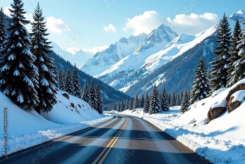 The snow-covered mountain road is flanked by towering evergreen trees, road, mountains, snow photo