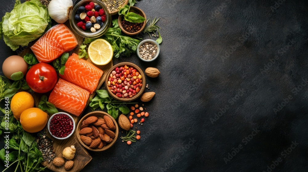 Healthy Food: Salmon, Vegetables, and Nuts on Dark Background Healthy Food: Salmon, Vegetables, and Nuts on Dark Background