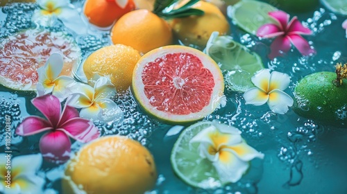 Vibrant Citrus Fruits Tropical Plumeria Flowers Floating in Sparkling Water