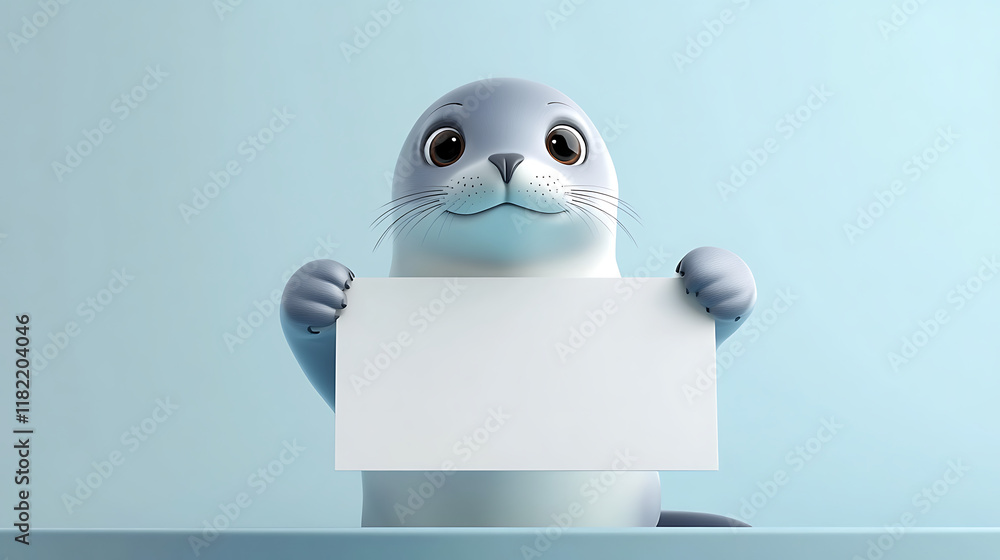 Obraz premium A cute cartoon seal holds a blank sign against a light blue background.