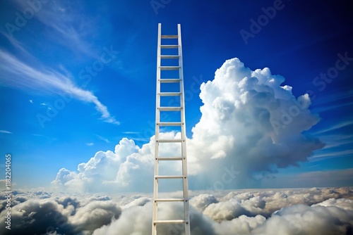 Surreal Dreamlike White Ladder Ascending to Clouds - Ethereal Stock Photo photo