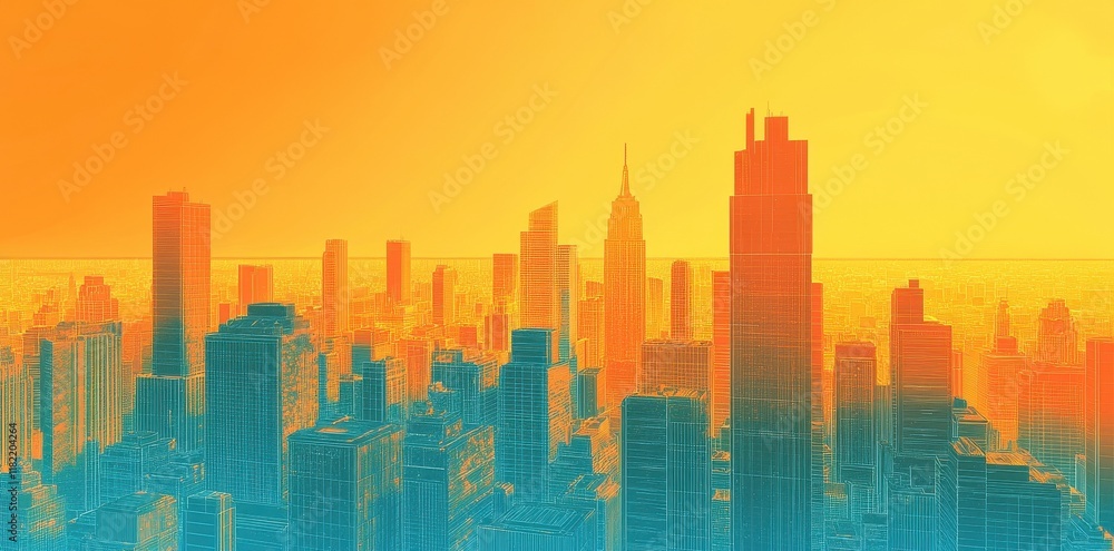 Fototapeta premium Stylized Cityscape at Sunset Warm Hues and Lines