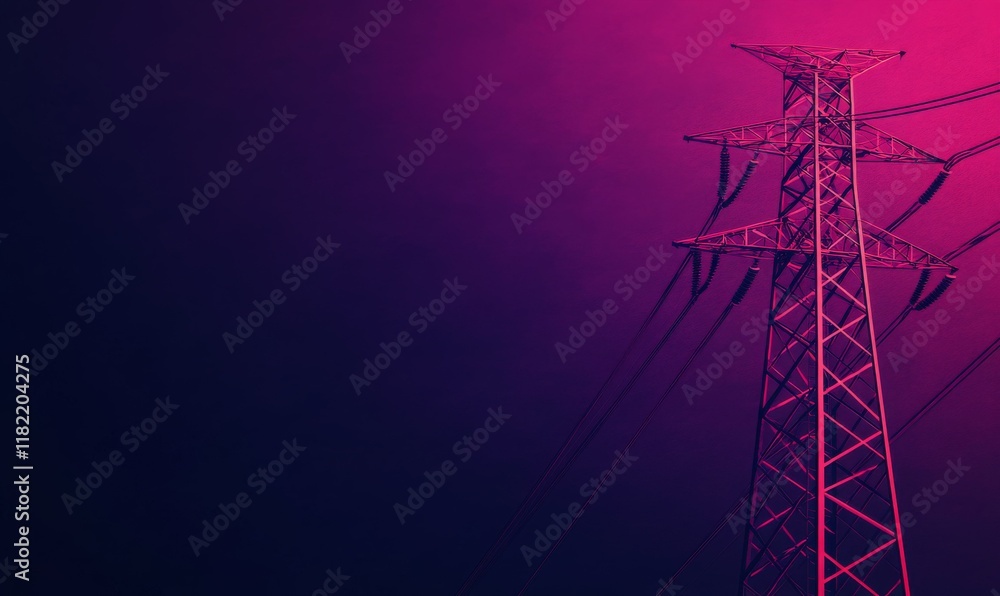 High voltage power line tower photographed under a vibrant purple gradient sky, symbolizing energy, technology, and urban infrastructure.