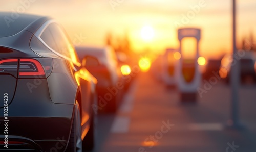Obraz na płótnie Modern electric vehicles lined up at charging stations during a vibrant sunset, symbolizing clean energy and sustainable transportation. w salonie