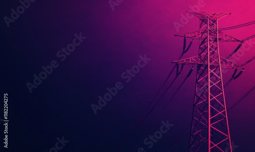 Obraz na płótnie High voltage power line tower photographed under a vibrant purple gradient sky, symbolizing energy, technology, and urban infrastructure. w salonie