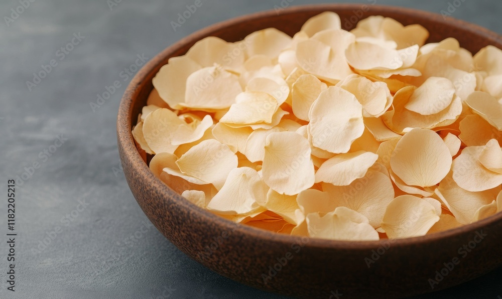 An intimate close-up of soft white rose petals, blending in a brown wooden bowl.