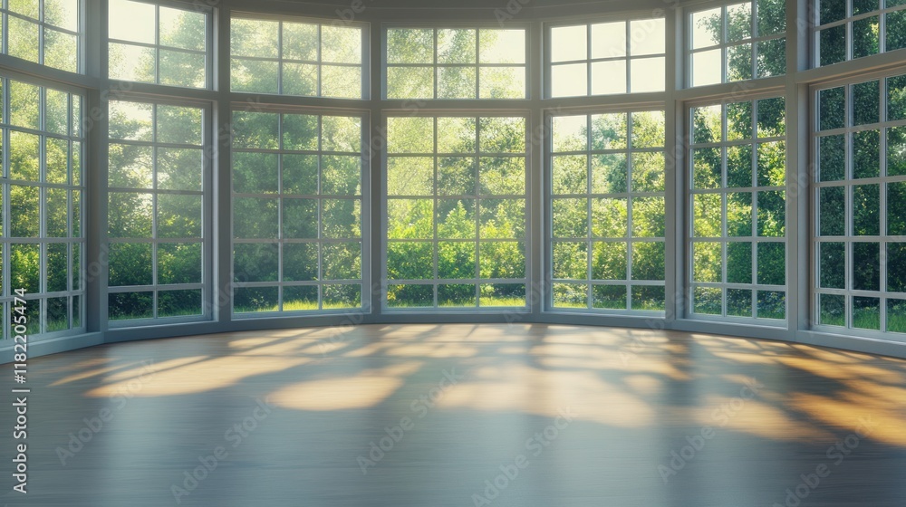 Serene Sunlit Room with Expansive Bay Window Overlooking Lush Greenery Serene Sunlit Room with Expansive Bay Window Overlooking Lush Greenery