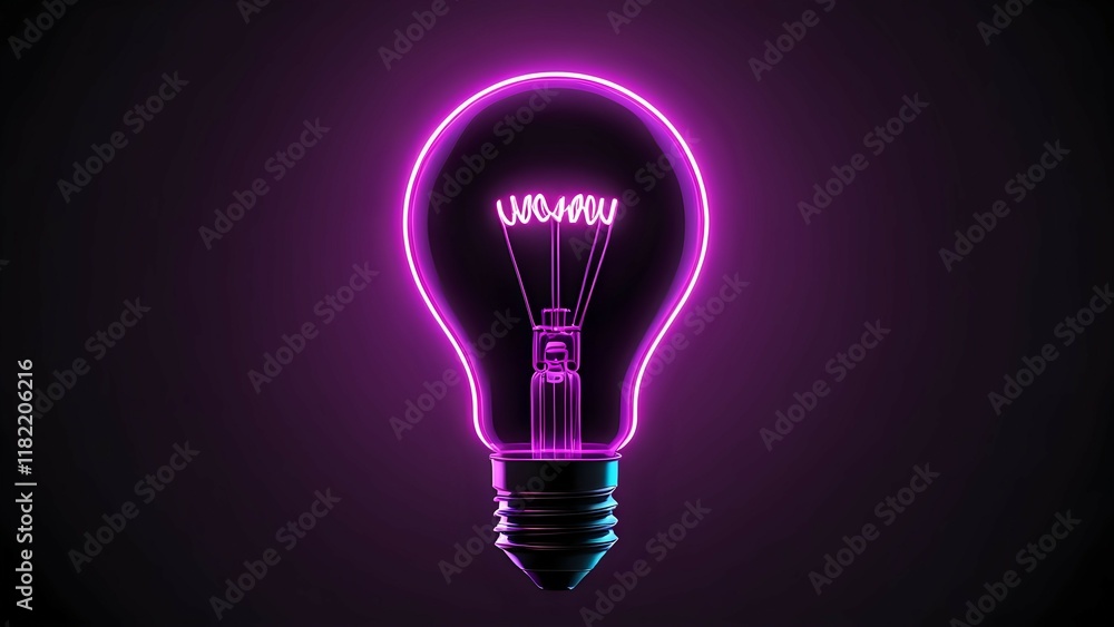 Glowing neon purple lightbulb on dark background; abstract concept of ideas, innovation, and inspiration. Glowing neon purple lightbulb on dark background; abstract concept of ideas, innovation, and inspiration.