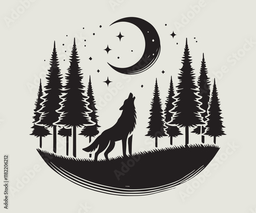 monochrome illustration of a serene forest night scene featuring a wolf howling at the crescent moon