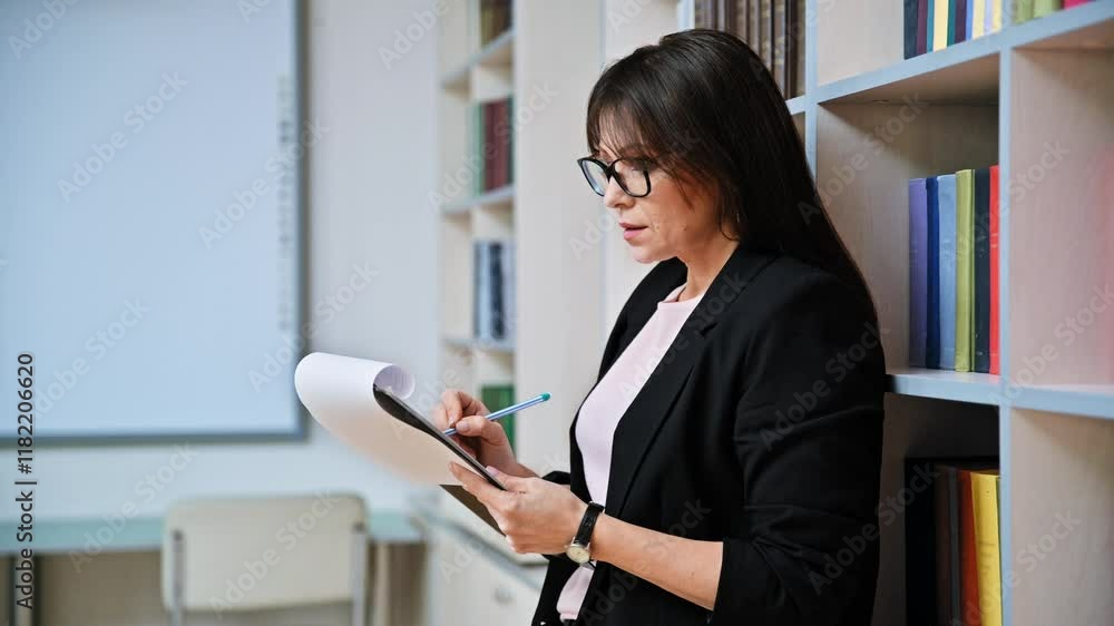 Mature businesswoman writing on clipboard, inside office with book shelves Mature businesswoman writing on clipboard, inside office with book shelves