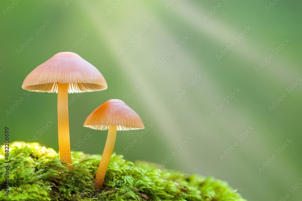 Delicate Mushrooms Growing on Soft Green Moss in Sunlit Forest Setting Delicate Mushrooms Growing on Soft Green Moss in Sunlit Forest Setting