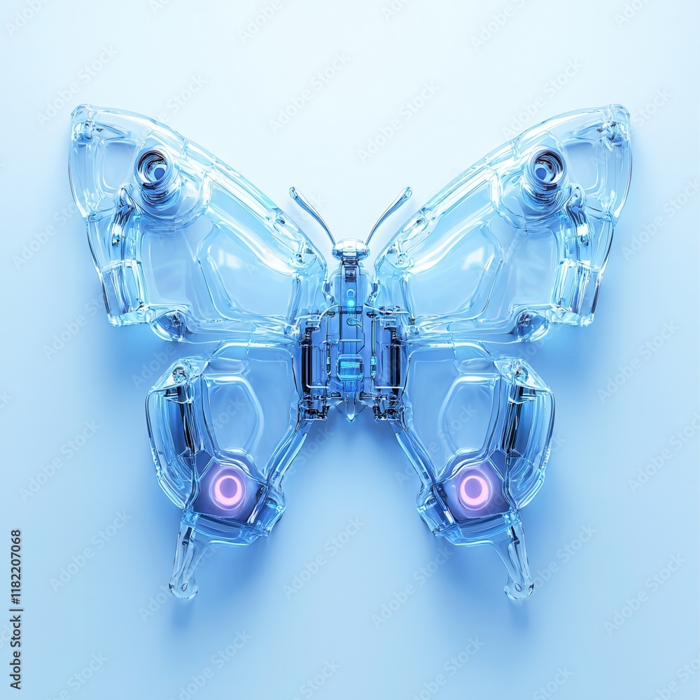A futuristic, transparent butterfly design with glowing elements, showcasing a blend of technology and nature. A futuristic, transparent butterfly design with glowing elements, showcasing a blend of technology and nature.