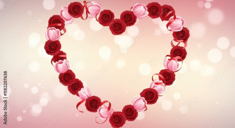A Heart of Roses: A delicate and romantic image of a heart-shaped arrangement of red and pink roses with elegant ribbons, bathed in a soft, glowing background. A Heart of Roses: A delicate and romantic image of a heart-shaped arrangement of red and pink roses with elegant ribbons, bathed in a soft, glowing background.