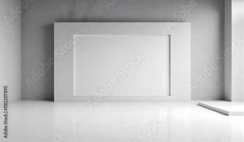 Minimalist white interior with a large recessed panel, clean lines, and soft lighting, creating a serene and modern atmosphere.