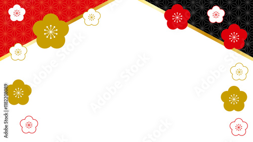 和風 フレーム 梅の花 赤 金色 黒 麻の葉模様