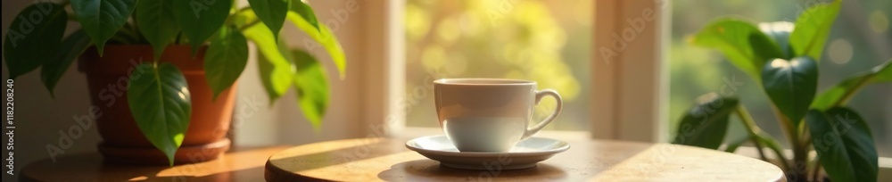 Coffee cup on a small table by a potted plant, morning, coffee, warm glow Coffee cup on a small table by a potted plant, morning, coffee, warm glow