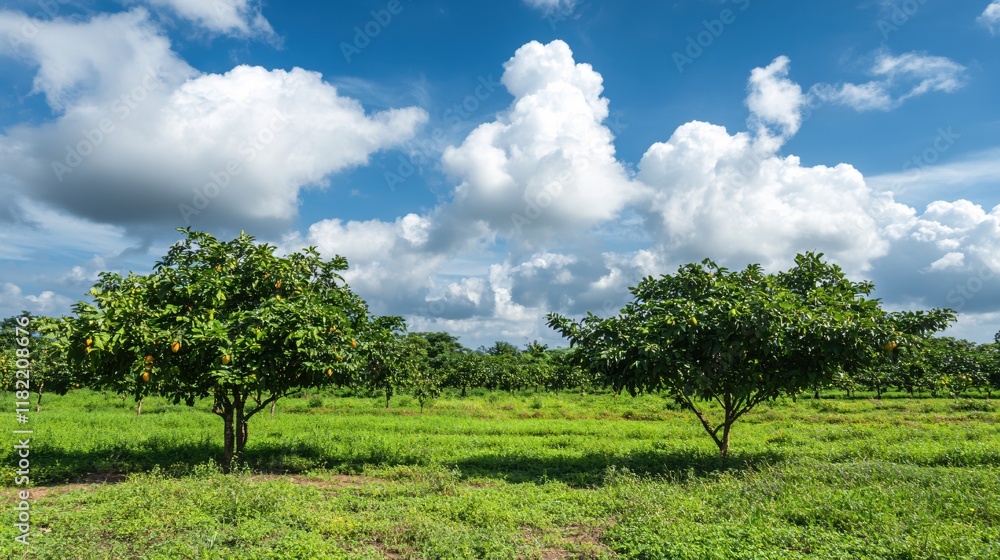 Obraz premium Lush Green Orchard Under Bright Blue Sky with White Cotton Clouds